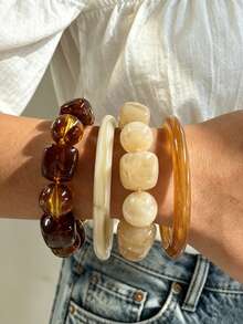1/4/5 piezas Conjunto de pulseras de estilo vintage de dinero antiguo con cuentas minimalistas de resina ABS, adecuado para el uso diario de mujeres, citas exageradas, accesorio versátil y elegante para la temporada de vacaciones, regalo perfecto para fiestas y cumpleaños - Multicolor - Ver 10