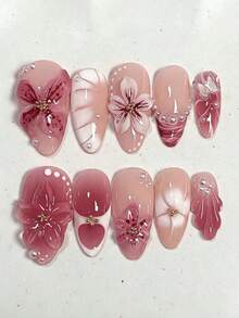 10pcs French Gradient 3D Floral Decor Water Ripple Rhinestone Design Fashion Y2K Fresh Style Glossy Full Coverage Fake Nails, Suitable For Women Girls Daily Wear, Spring Medium-Long Almond Shape Acrylic Nail Tips - Multicolor - View 7