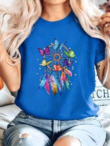 Women's Casual T-Shirt With Dreamcatcher And Butterfly Print, Black, Short Sleeve, Round Neck, Drop Shoulders, Medium Elastic Knit Fabric For Everyday Wear - 藍色 - 查看 1