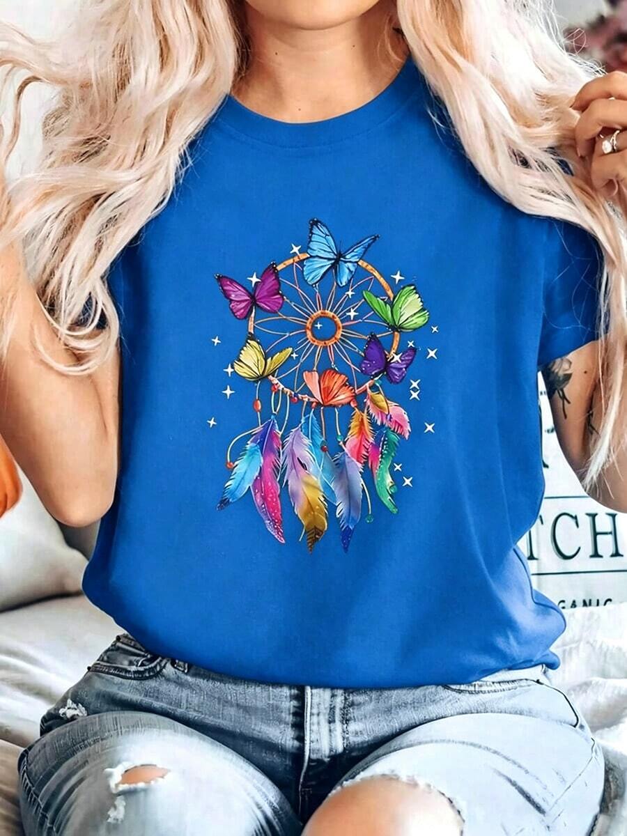 Women's Casual T-Shirt With Dreamcatcher And Butterfly Print, Black, Short Sleeve, Round Neck, Drop Shoulders, Medium Elastic Knit Fabric For Everyday Wear - 藍色 - 查看 1