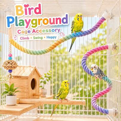 Đồ chơi treo lồng chim bằng dây thừng giấy màu gradient, xích đu linh hoạt trang trí lồng cho vẹt nhỏ, vẹt đuôi dài, vẹt yến hót, vẹt cockatiel, phụ kiện thú cưng