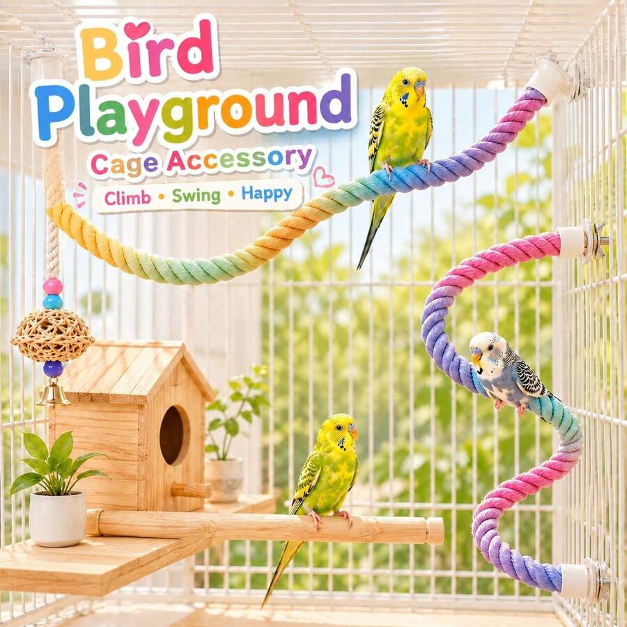 Colorful Gradient Bird Paper Rope Perch, Flexible Hanging Swing & Cage Decor Toy For Small Parrots,Parakeets, Budgies,Cockatiels ,Pet Supplies - Multicolor - View 1