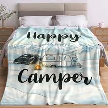 [Soft & Warm Digital Flannel Blanket] Happy Camper Digital Print Flannel Throw Blanket, Soft & Warm Multi-Purpose All-Season Sofa Bed Office Travel Camping Style Small Blanket, Modern Knitted Polyester 1pc - Multicolor - View 8