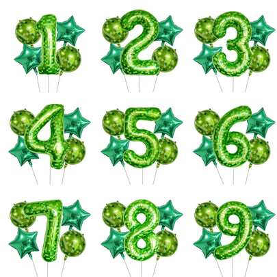 5件組混合像素風格數位氣球，包含圓形與星形鋁箔氣球，適合生日派對、聚會、週年慶、節日、背景牆、戶外活動與攝影裝飾