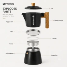 FRAISIN Cafetera Moka para Estufa, Cafetera de Espresso de Aleación de Aluminio de 3/6/12 Tazas con Mango de Madera Real, Cafetera de Espresso Estilo Italiano Clásico, Regalo Listo para Amantes del Café - Negro - Ver 2