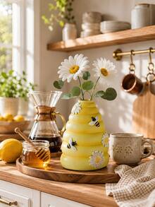 1 Stück Waben-Vase, Gänseblümchen & Bienen Design, süße gelbe dekorative Vase, geeignet für frische oder künstliche Blumen, Landhausstil Tischdekoration, Frühlings-/Sommer Wohnzimmer, Schlafzimmer, Küche, Büro Heimdekoration, Geschenk für Bienenliebhaber - 1PC - Übersicht 5