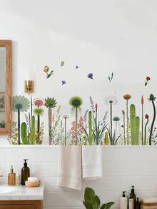 A Refreshing Watercolor Cactus Wall Sticker, Perfect For Decorating Your Bedroom, Living Room, Or Hallway Baseboards. Featuring Forest-Style Tropical Flowers, Green Plants, And Butterflies, It's Great For Creating A Fresh And Natural Home Vibe. - Wall Stickers - View 5