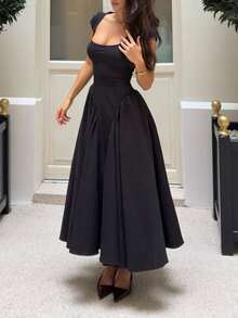Elegant Casual Daily Commute Date Romantic Square Neck Dress - Black - View 4