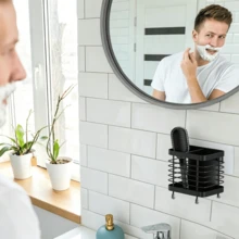 Soporte de pared de acero inoxidable para cepillos de dientes, no requiere perforación, en color negro, con orificio de drenaje, para un almacenamiento práctico de cepillos de dientes, cabezales y pasta de dientes, ideal para el baño y el hogar. - Negro - Ver 8