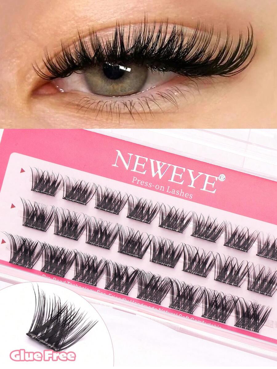 Neweye 24入組 D捲度 V型免膠水免卸妝水自黏簇狀假睫毛,蓬鬆 10-14mm 混長單根睫毛,免膠水自黏 DIY 假睫毛,自然纖細睫毛接長,卡通風女童女用美妝工具禮物 - D - 查看 1