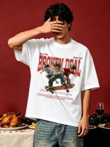 Camiseta de manga corta con cuello redondo suave y casual de verano para hombre, con estampado gráfico de skate, adecuada para uso diario. - Blanco - Ver 3