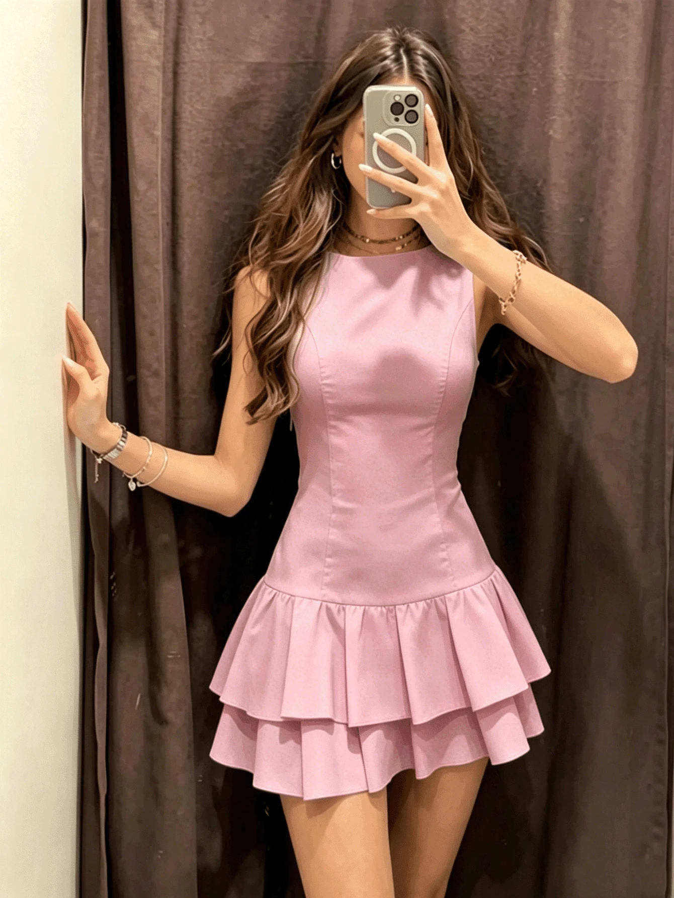 2026 Summer New Elegant Sky Blue Sleeveless Round Neck Mini Dress, Fitted Waist With Double Ruffle Hem, Casual Cute A-Line Short Dress, Suitable For Vacation, Date, Party, Sweet Girl Daily Wear - Baby Pink - View 1