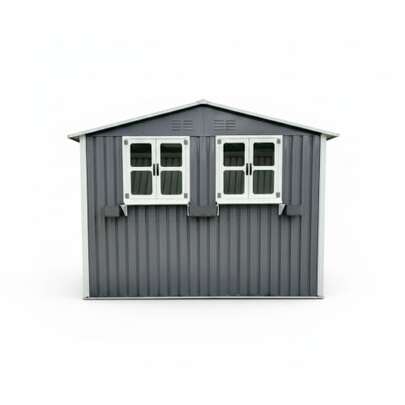 Caseta de jardín de acero galvanizado gris, de 170,2 x 254,2 cm (4,33 m²), con dos ventanas dobles practicables, dos puertas dobles con cerradura y un estante decorativo para flores.