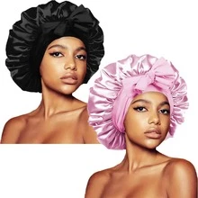 ZTZI 2Pcs Bow Decor Satin Hair Bonnet, Soft Elastic Sleep Cap, Large Size Night Hair Wrap For Curly Natural Long Hair Women - UM2pcs Bow-tie Round Hat - View 7
