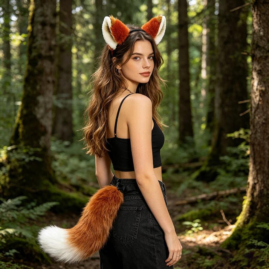 Ensemble de costume de renard orange, fourrure de renard synthétique épaisse, douce et lisse, convient pour le cosplay, les soirées en boîte de nuit, les séances photo à thème, les costumes d'Halloween, les cadeaux créatifs, accessoire décoratif amusant qui améliore l'ambiance - Multicolore - Voir 1