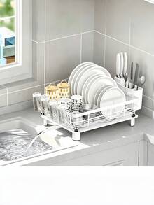 1PC White Dish Rack, 11.81*16.73 Inch Kitchen Dish Drainer With Automatic Drainage Tray, Space Saving Countertop Dish Drying Rack, Plate Bowl Cup Holder Organizer, Kitchen Storage Rack, Modern Home Essentials, Sink Organizer, Kitchen Accessories - White - View 4
