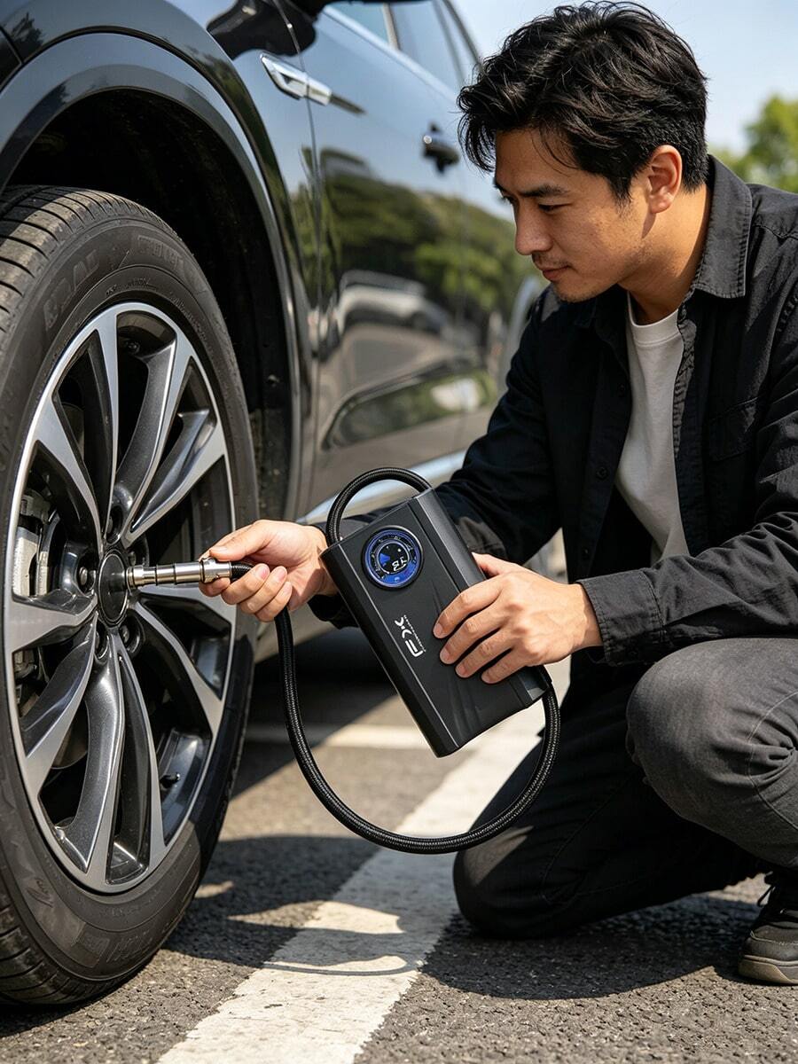 Portable digital tire air pump - 12V air compressor with LED display and automatic shutdown function, perfect for travel use. - Negro - Ver 1