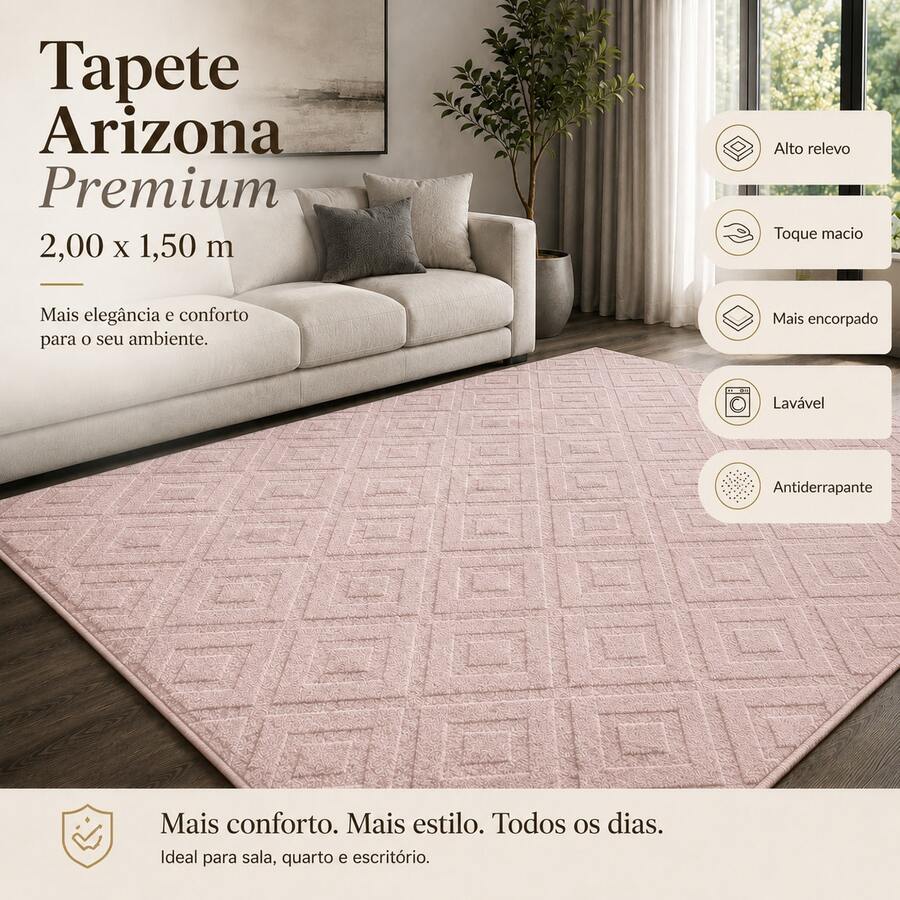 Tapete Sala 2,00x1,50 Geométrico Alto Relevo Premium Macio Antiderrapante Quarto Escritório Várias Cores - Rosa Claro - Visão 1