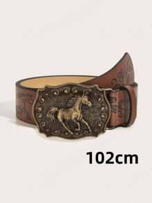 1pc Unisex Vintage Western Cowboy Animal Buckle Embossed PU Leather Belt Fashion Ver - Brown - View 5