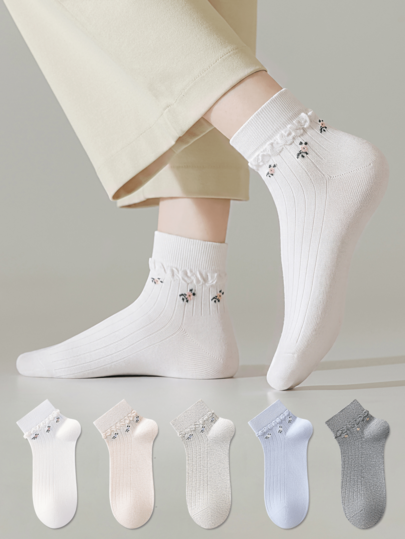 ZUJO 5 Pairs/10 Pairs Women's Ditsy Floral Pattern Short Socks, Anti-Slip Simple Comfortable, Suitable For All Seasons, Random Color