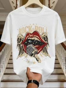 Herren Sommer Lässig Weiches Rundhals Kurzarm-Shirt, Rock Roll Mikrofon Muster Grafik ist für den täglichen Gebrauch geeignet. - Weiss - Übersicht 4