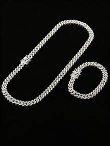 9mm Shiny Chunky Chain Design Rhinestone Studded Hip Hop Bracelet + Necklace Set, Suitable For Daily Wear And Party Decoration - Hip Hop Necklace Set - View 27