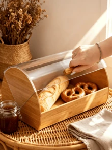 1pc Wooden Bread Storage Box With Transparent Flip Cover, Dust-Proof And Moisture-Locking. Large Capacity Design, Can Store All Kinds Of Bread, Smooth Opening And Closing, Keep Food Clean And Hygienic - Multicolor - View 3