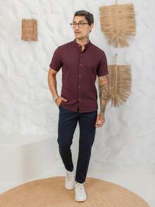 Men's Short-Sleeve Shirt With Mandarin Collar, Lightweight For Work And Leisure - 馬格南布朗 - 查看 4