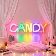 CANDY 霓虹燈,多色 LED USB 可調光霓虹燈牆面裝飾,甜美美學霓虹燈,女孩獨特生日禮物,糖果店甜點咖啡廳 & 青少年臥室牆面藝術裝飾 - CANDY - 查看 3