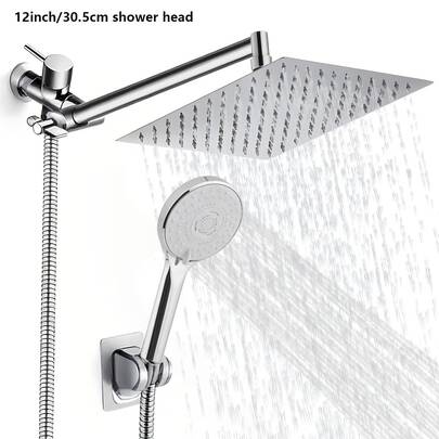 IDKWB Combinación de cabezal de ducha de alta presión con rociador de mano - 9 configuraciones de rociado. Apto para bañera/ducha. Sistema de ducha tipo lluvia de acero inoxidable a prueba de fugas. Ángulo y manguera ajustables. Soporte. Diseño cuadrado pulido para baños modernos. Solo para uso en ducha.