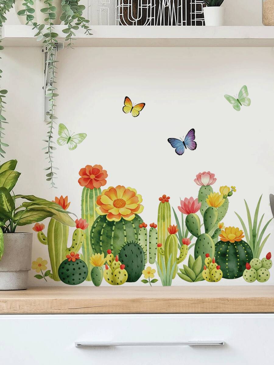 A Refreshing Watercolor Cactus Wall Sticker, Perfect For Decorating Your Bedroom, Living Room, Or Hallway Baseboards. Featuring Forest-Style Tropical Flowers, Green Plants, And Butterflies, It's Great For Creating A Fresh And Natural Home Vibe. - Wall Stickers - View 1
