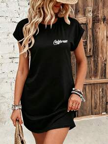Personalized Custom Women's Summer Short Sleeve Dress, Customizable LOGO/Photo/Pattern/Musical Note/Text/Lucky Number/Coachella Music Elegant Black - Black - View 3