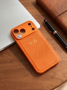 個性化客製化字母姓名手機殼，適用於 iPhone 17 16 15 14 13 Pro Max Plus Air，3D 壓紋奢華荔枝紋 PU 皮革保護殼，理想禮物 - 橘色 - 查看 6
