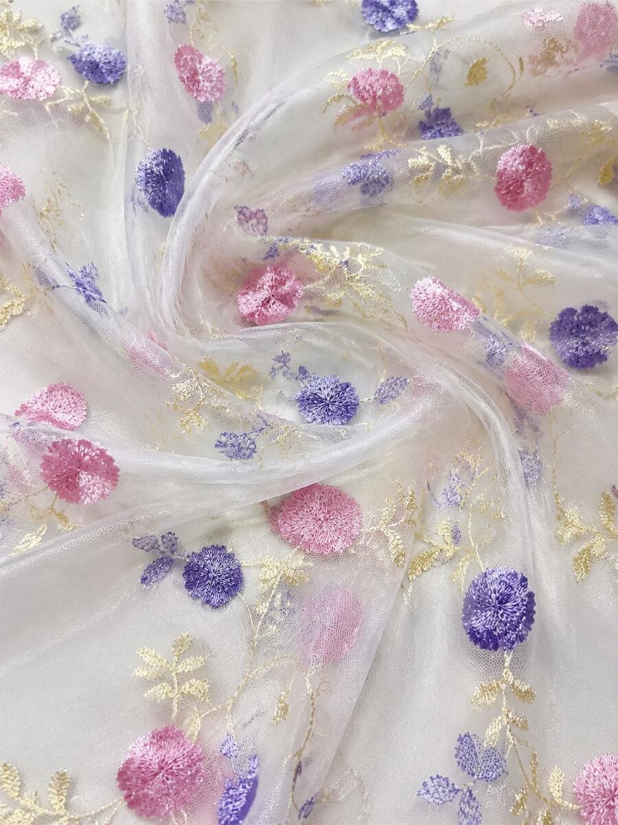 50cm / 1yd / 3yd / 5yd Transparent White Tulle Fabric – 51.1" Wide – Pink And Lavender 3D Pom Pom Floral Embroidery With Gold Vine Stems – Suitable For Princess Party Dresses, Wedding Table Decor - 1 - View 1