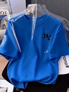 Women's Cotton T-Shirt With A Round Neck And Short Sleeves, Printed With The Letters NY. Comfortable And Breathable, Versatile For Casual Looks, Ideal For Everyday Wear In Spring And Summer. - 藍色 - 查看 11