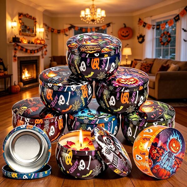 8Pcs Pattern Lidded Metal Candle Jars, Halloween Spooky Themed Candle Making Kit, Equipped With Candle Wicks, Wick Stickers & Holders, Sturdy Craft Containers, Beginner Friendly For DIY Candles, Holiday Gifts, Trick Or Treat Party Favors &Home Decor