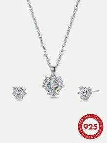S925 Sterling Silver Heart-Shaped 6-Prong Zirconia Jewelry Set, Exquisite Necklace And Earrings Combination, Valentine's Day Gift, Light Luxury Delicate French Elegant Hypoallergenic Party Gift Daily Wear - White Gold - View 1