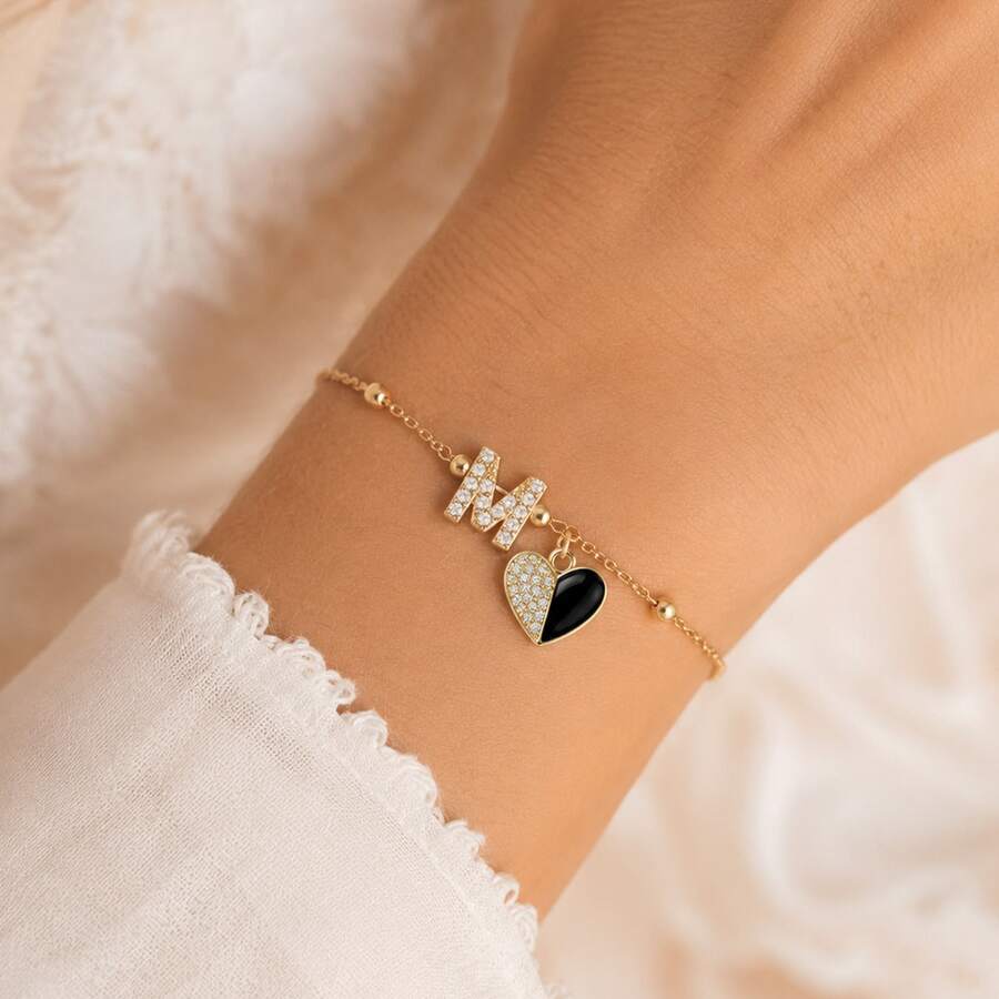 1pc New Classic Initial Heart Pendant Golden Stainless Steel Bead Chain Bracelets For Women - Yellow Gold - View 1