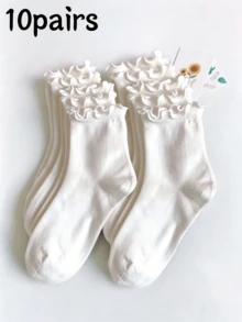 OBOVAY 10 Pairs Women's White Lace Trim Casual Versatile Mid-Calf Socks - White - View 4