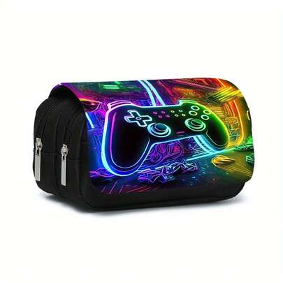 1pc Neon Game Controller Print Pencil Case, Large Capacity Double Zipper Pencil Pouch, Portable Stationery Organizer Bag For School, Office & Gamer Lovers