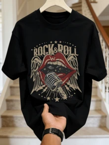 Men's Summer Casual Soft Round Neck Short Sleeve-Shirt,Rock Roll Microphone Print Graphic Is Suitable Daily Wear. - 黑色 - 查看 4