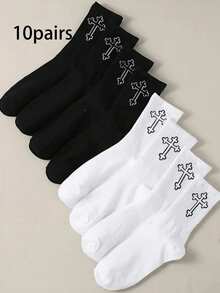 10 Pairs Unisex Black & White Mid-Calf Socks, Minimalist Solid Color, Simple Daily Wear, Suitable For Everyday Use (1/3/5/10 Pairs) - Multicolor - View 8