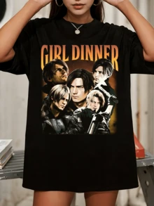 Leonn Kennedyy Girl Dinner Bootleg Multi Portrait Graphic T-Shirt, Crew Neck Casual Short Sleeve Top For  Fans - Black - View 1
