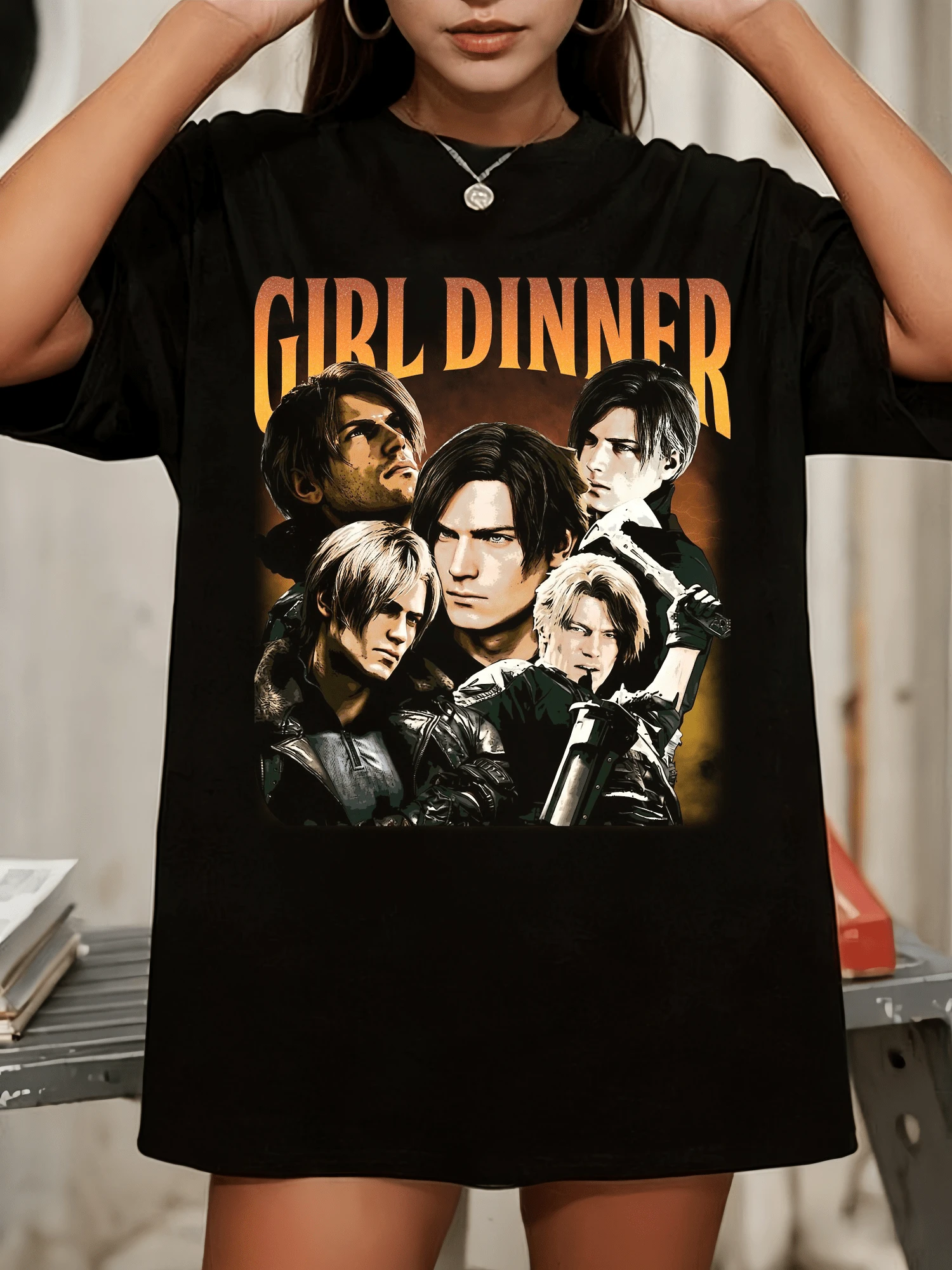 Leonn Kennedyy Girl Dinner Bootleg Multi Portrait Graphic T-Shirt, Crew Neck Casual Short Sleeve Top For  Fans - Black - View 1