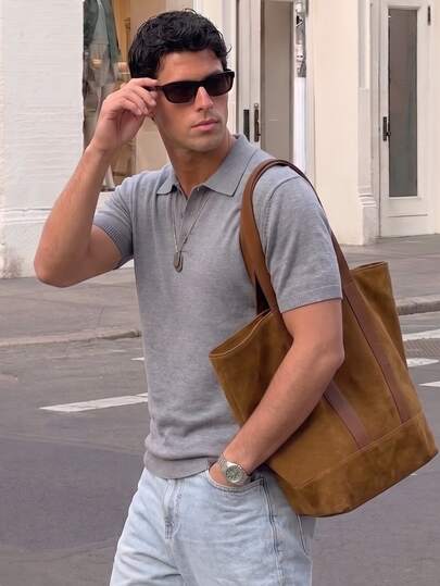 Polo de malha para homem, gola virada, manga curta, corte largo, business casual, cor lisa, leve, primavera/verão