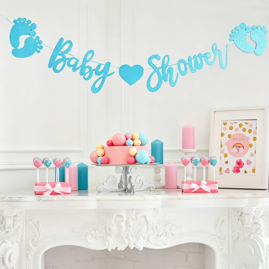 1PC / Baby Shower English Letter Blue Pink Glitter Banner Bunting Cake Topper Party Supplies Decoration Banner - View 1