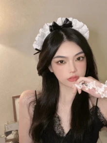 6件組法式復古蕾絲純真蝴蝶結Cosplay女僕髮夾可愛髮箍套裝，外出用髮箍 - 彩色 - 查看 1