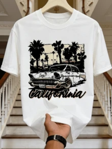 Camiseta de manga corta de cuello redondo suave y casual para hombre en verano, con estampado gráfico de coche vintage de California, adecuada para uso diario. - Blanco - Ver 4