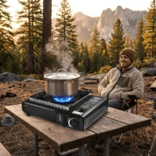 Portable Butane Gas Camping Stove, Single Burner, Windproof Design, Piezo Ignition, Carrying Case Included, Ideal For Camping, Hiking, Picnic, RV, Outdoor Cooking, BBQ, Hot Pot, Backyard Cooker, Garden Appliance - Black - View 6