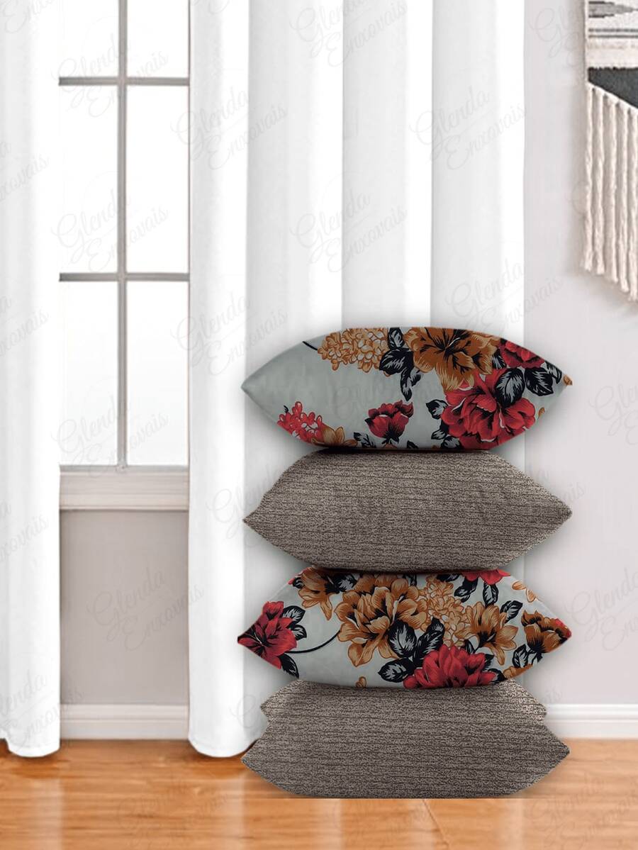 4 Cushion Covers, Various Combinations, 45x45 Cm - AL - 花卉赭石米色 - 查看 1